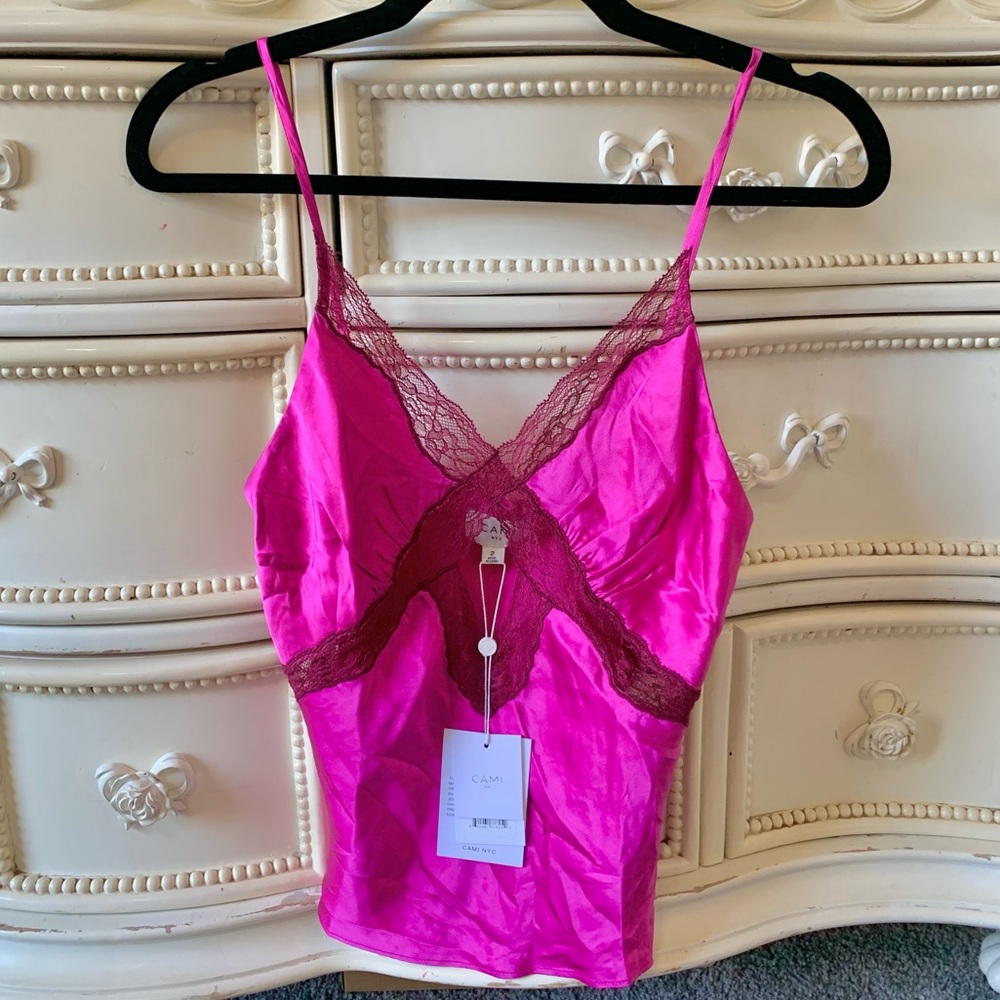 NWT Cami NYC Florentino Lace Triimmed Cutout Silk Camisole in Magenta - Picture 2 of 3